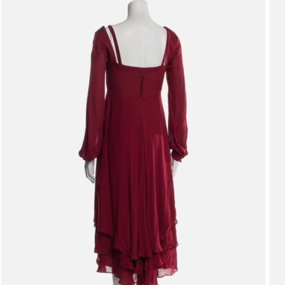 Cinq a’ Sept Fira Tiered Silk Dress Flowy Bishop Sleeves  in Pomegranate Red - Picture 3 of 12